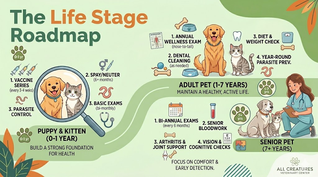 How Often Should You Take Your Pet to the Vet? A Complete Wellness Guide - All Creatures Veterinary Center The Life Stage Roadmap
